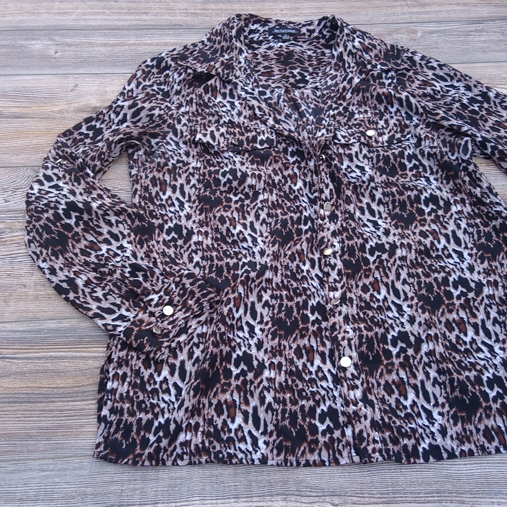 Notations Button Down Front Silky Sheer Leopard P… - image 2